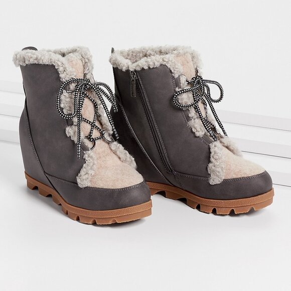 Maurices Shoes - Camille Gray Sherpa Trim Lace Up Wedge- Maurices
